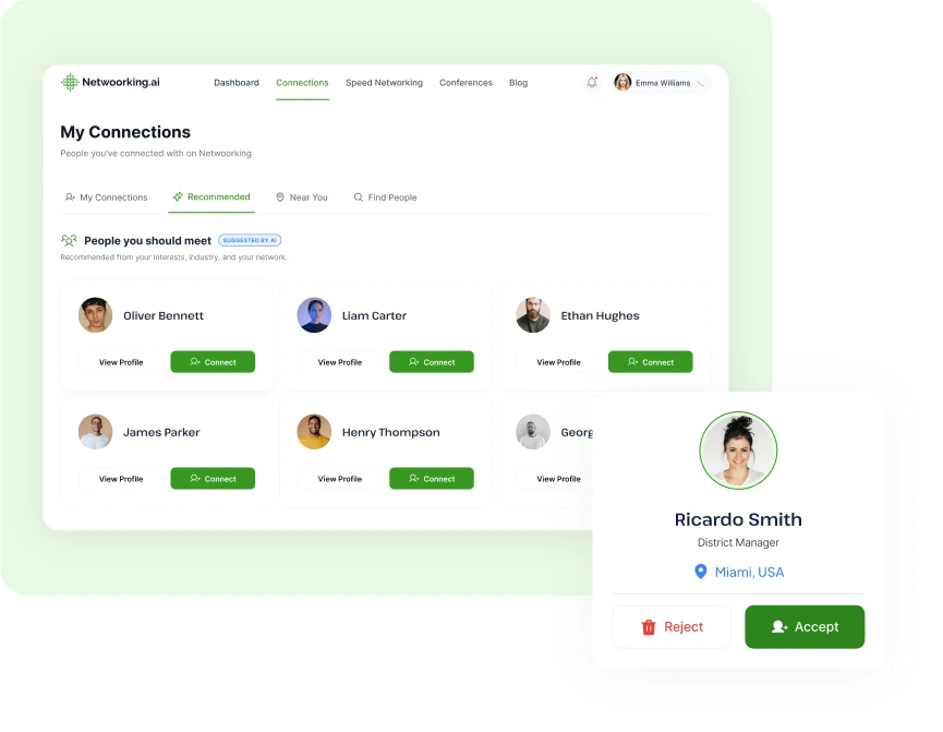 Netwoorking AI connections view, showing recommended people to meet and an incoming connection request