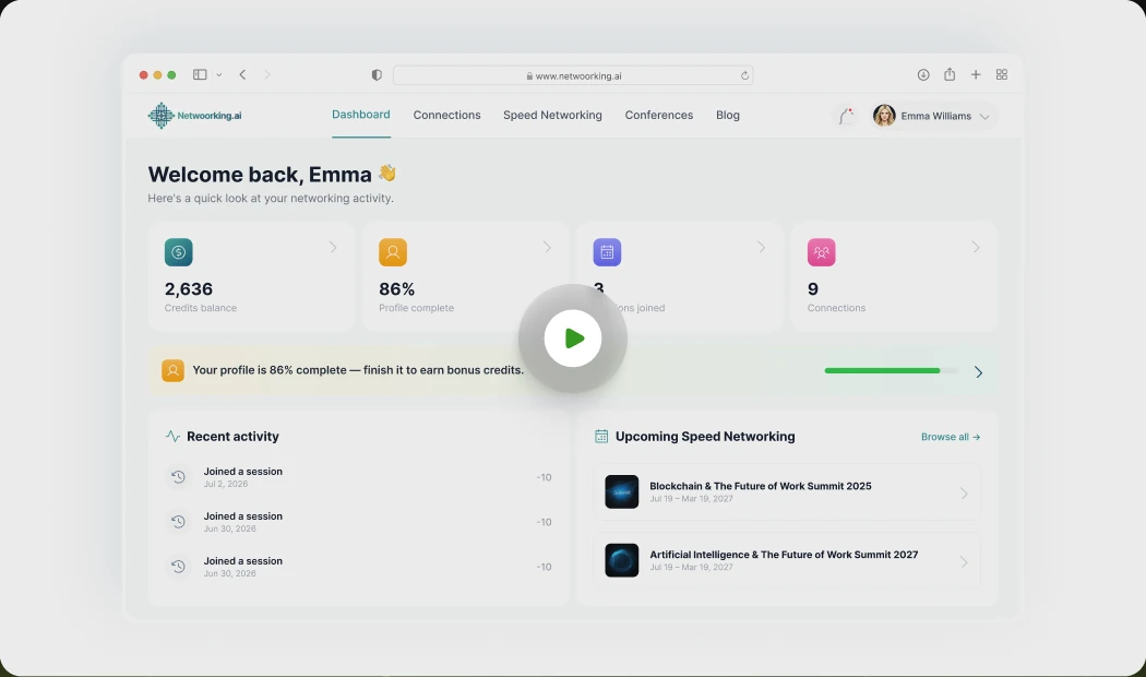 The Netwoorking AI dashboard in a browser window, with a play button overlaid